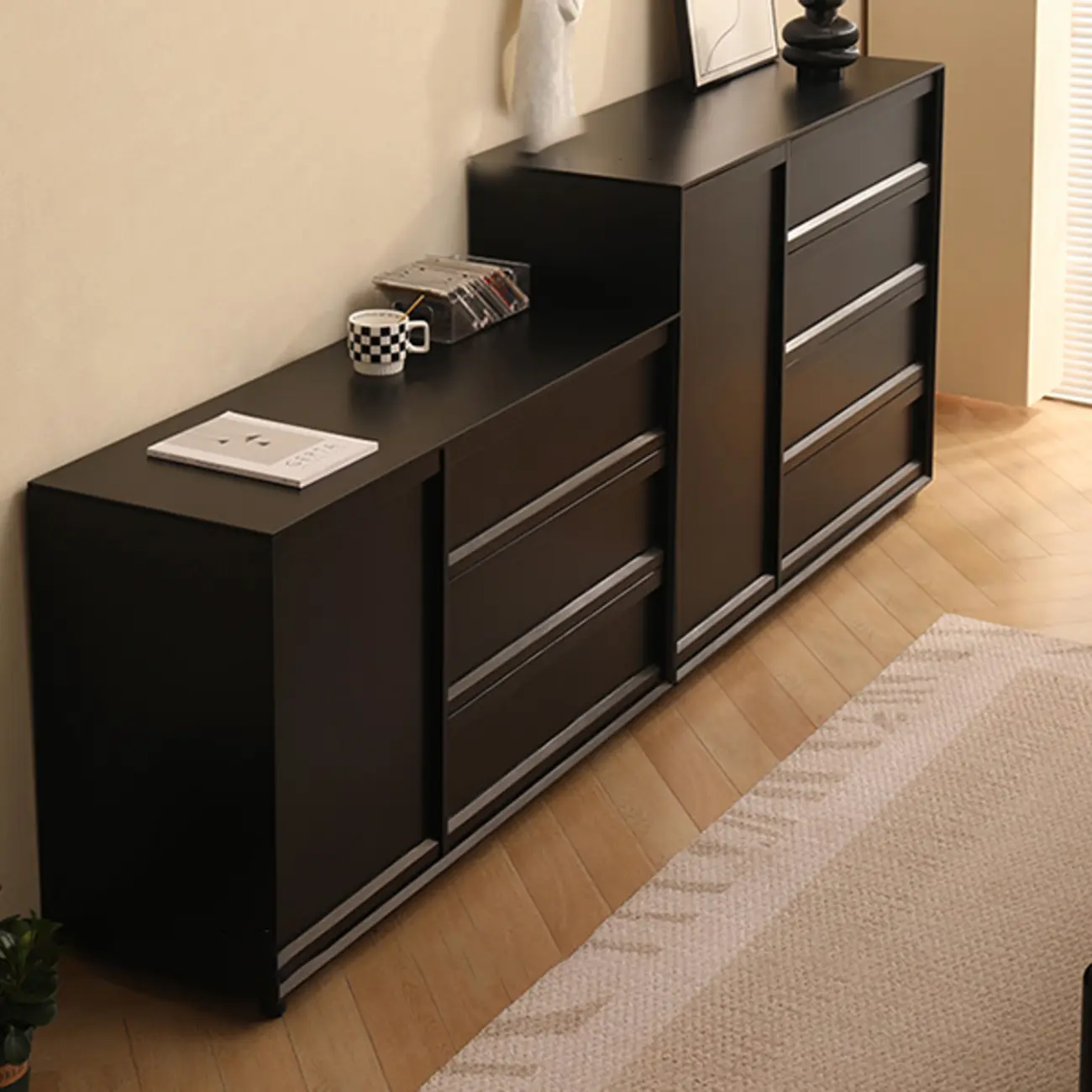 Industrial Wood Dresser with Drawers and Smooth Metal Rail