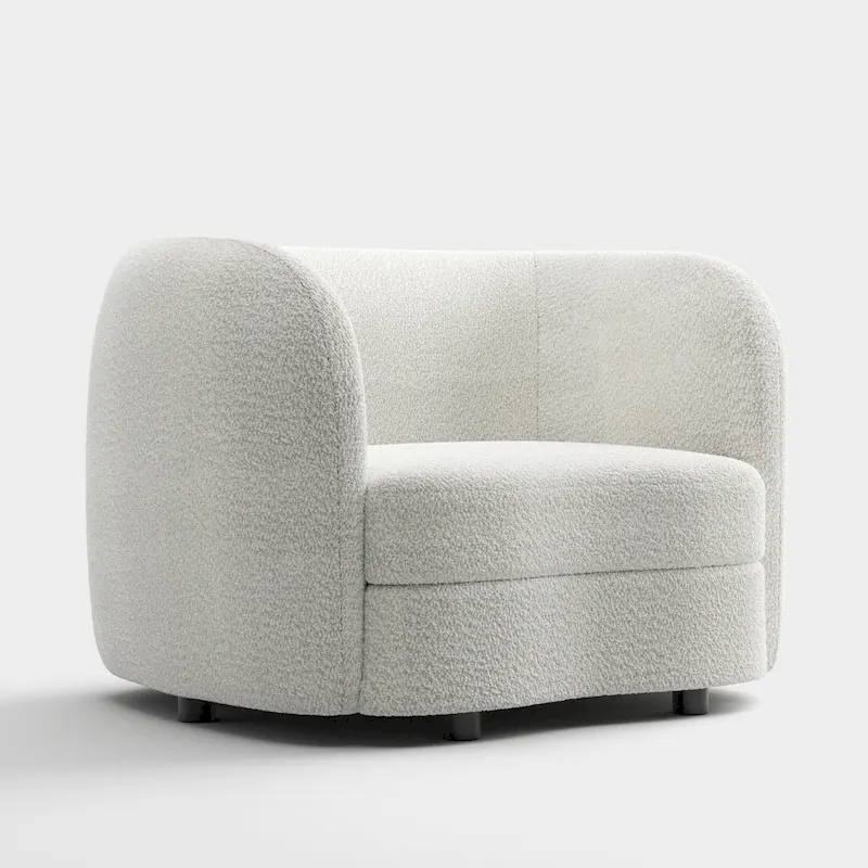 Ophelia Modern Curved Arms Boucle Accent Chair with Kidney Style Seat and Round Wooden Legs