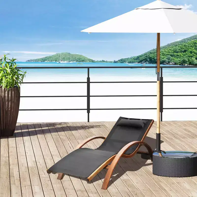Outsunny Outdoor Chaise Wood Lounge Chair with Pillow, Armrests, Breathable Sling Mesh and Comfortable Curved Design for Patio, Deck, and Poolside