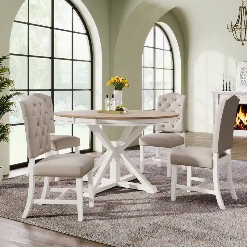 Functional Furniture Retro Style Dining Table Set with Extendable Table and 4 Upholstered Chairs for Dining Room and Living Room