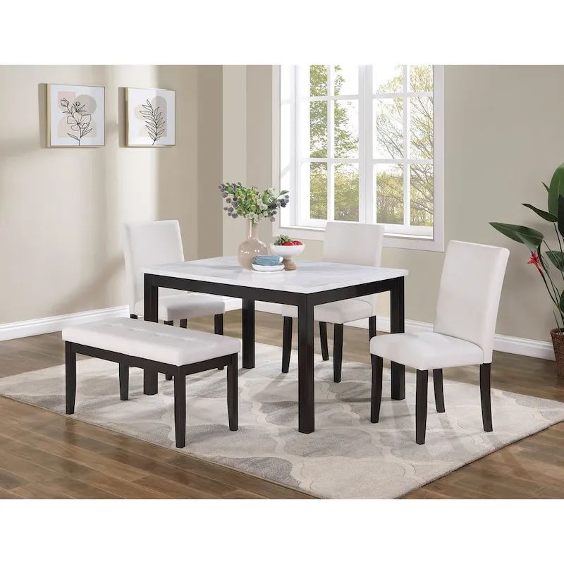 5 Piece Dining Table Set, Kitchen Dinette Set with Faux Marble Top Table, Bench and 3 Faux Leather Cushioned Chairs