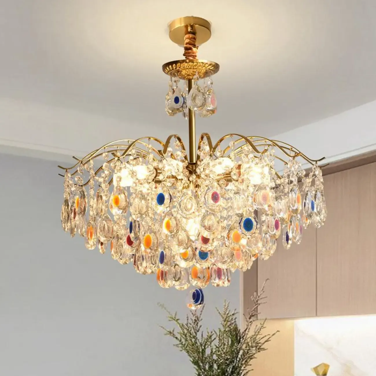 Gold Crystal Chandelier with Beads and Modern Elegant Design