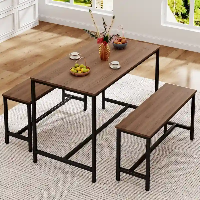 Brown 3-Piece Dining Table Set with 2 Benches, Seats 4