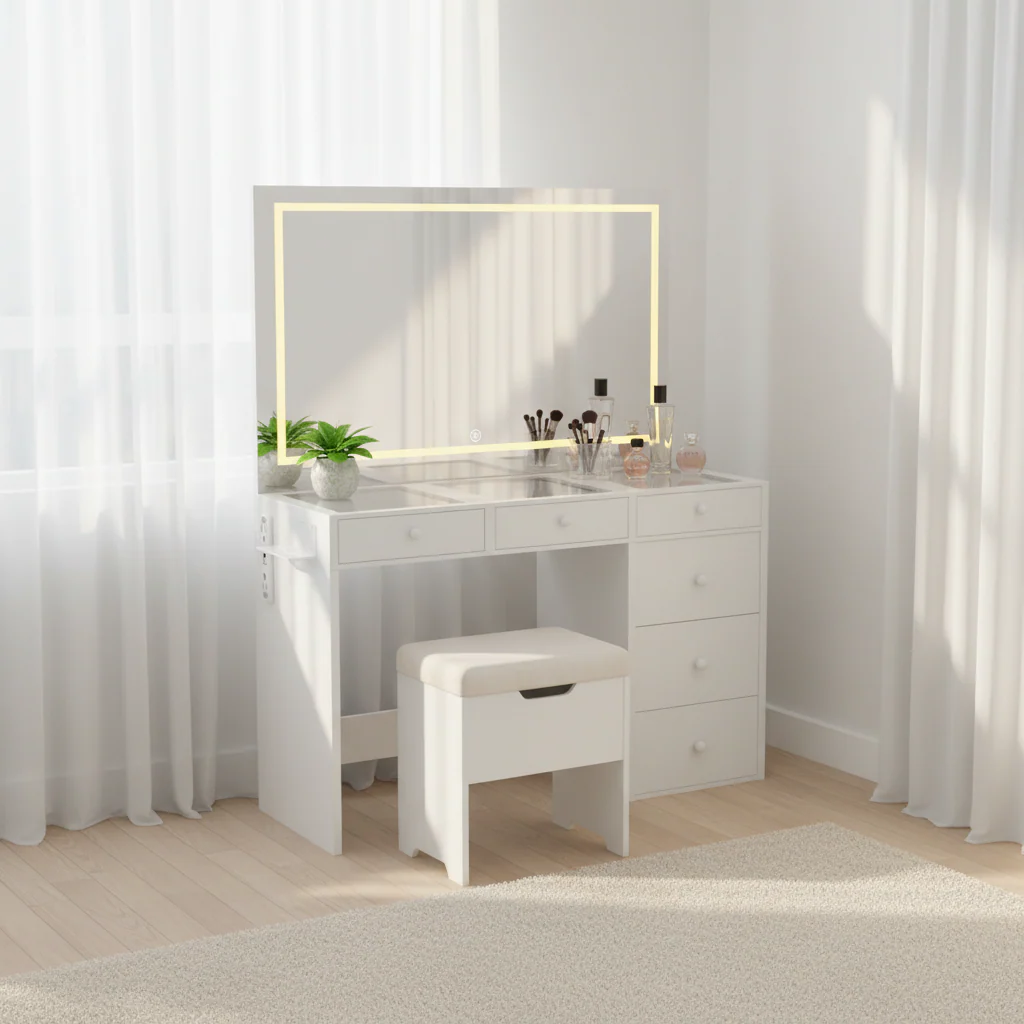 Vanity Desk Set with LED Lighted Mirror & Power Outlet & 6 Drawers, Makeup Table and Storage Stool for Bedroom, White