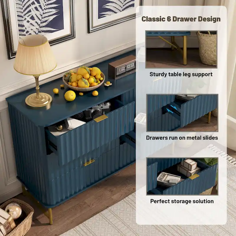 6-Drawer Accent Chest with Gold Handles & Metal Legs – White / Green / Black / Blue, Modern Style