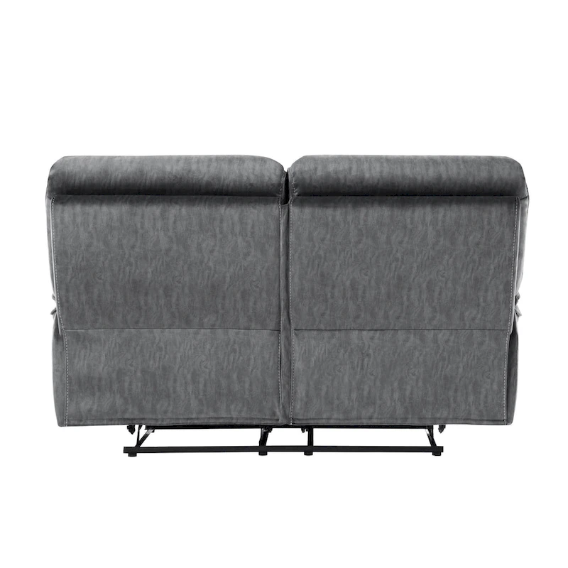 Muir 65 Inch Manual Recliner Loveseat, Tufted Gray Microfiber, Solid Wood