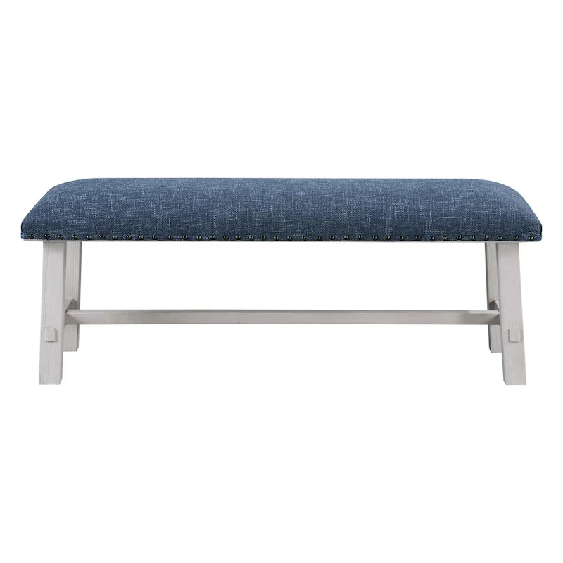 Callen Bench with White Wash Frame and Antique Bronze Nailhead Trim in Navy Fabric
