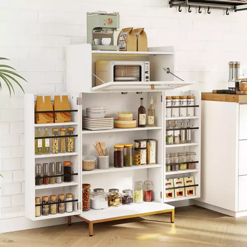 Costway Kitchen Pantry Cabinet Power Outlet & APP Control LED Lights Acrylic Flip Door