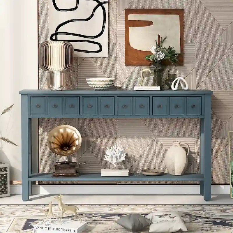Blue / Brown / Navy Solid Wood Console Table with 4 Drawers & Lower Shelf – Rustic Style, Entryway Use
