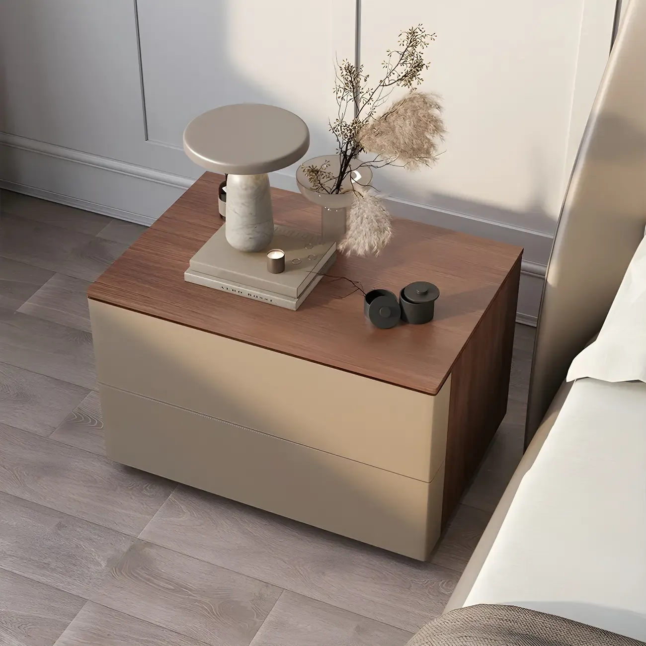 Modern Wood Top Leather Dual-Tone 2 Drawers Nightstand