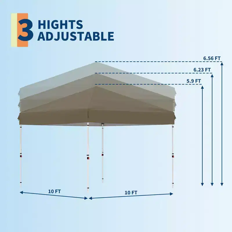 10x10 ft Pop-Up Canopy Tent with Wheeled Bag - 3 Adjustable Heights for Patio, Beach & Outdoor Events - Brown