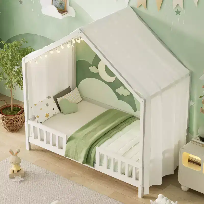 JVNOXK Montessori Floor Bed with Canopy Double Bed Frame, House-Shaped Toddler Bed Frame with High Guardrails, White