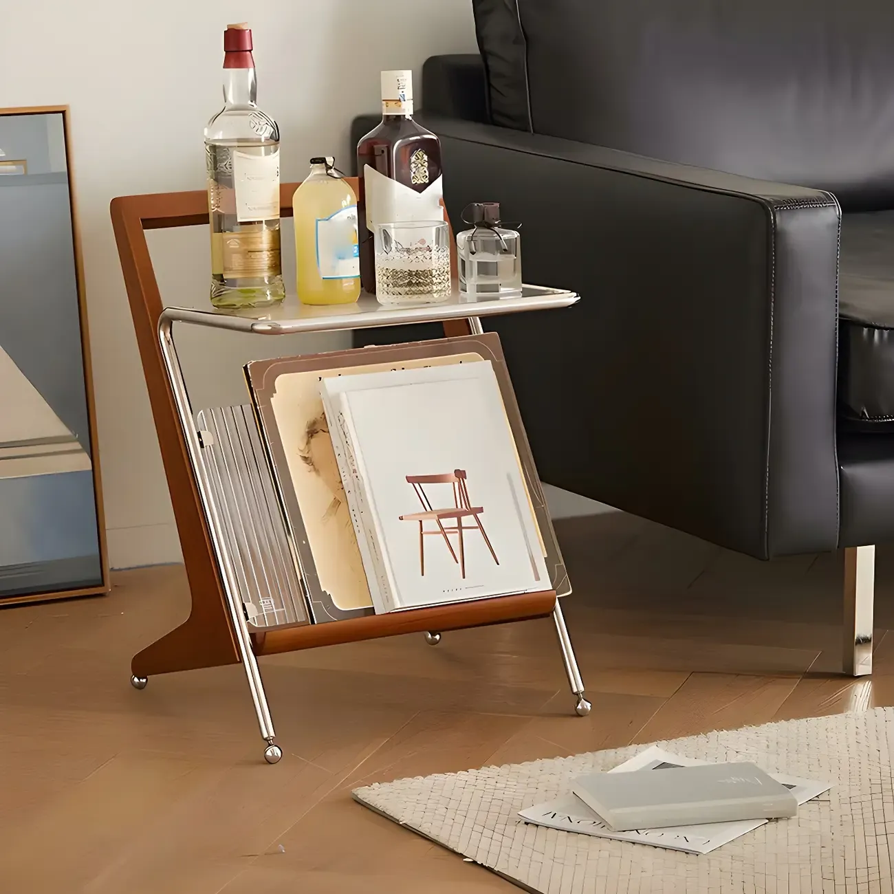 Unique Z-Shaped Solid Wood Glass Display Small Side Table