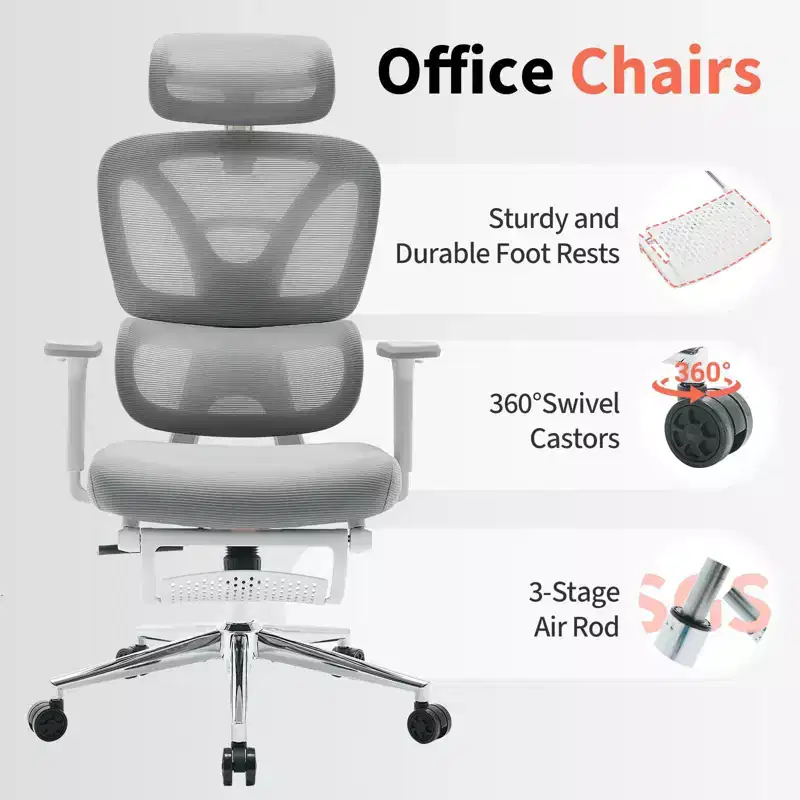 Ergonomic Mesh Office Chair  High Back, Adjustable Headrest, 3D Armrests, Lumbar Support, Footrest, Breathable Seat  White Frame/Grey Mesh