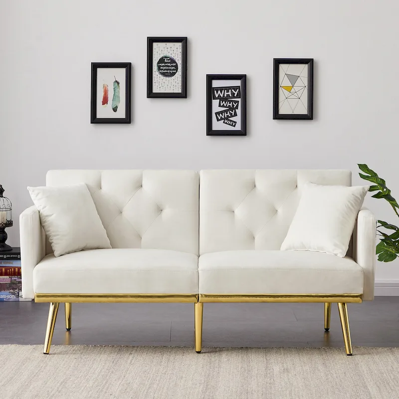 Cream White Velvet Sofa Bed - 31.49 x 59.00 x 29.52