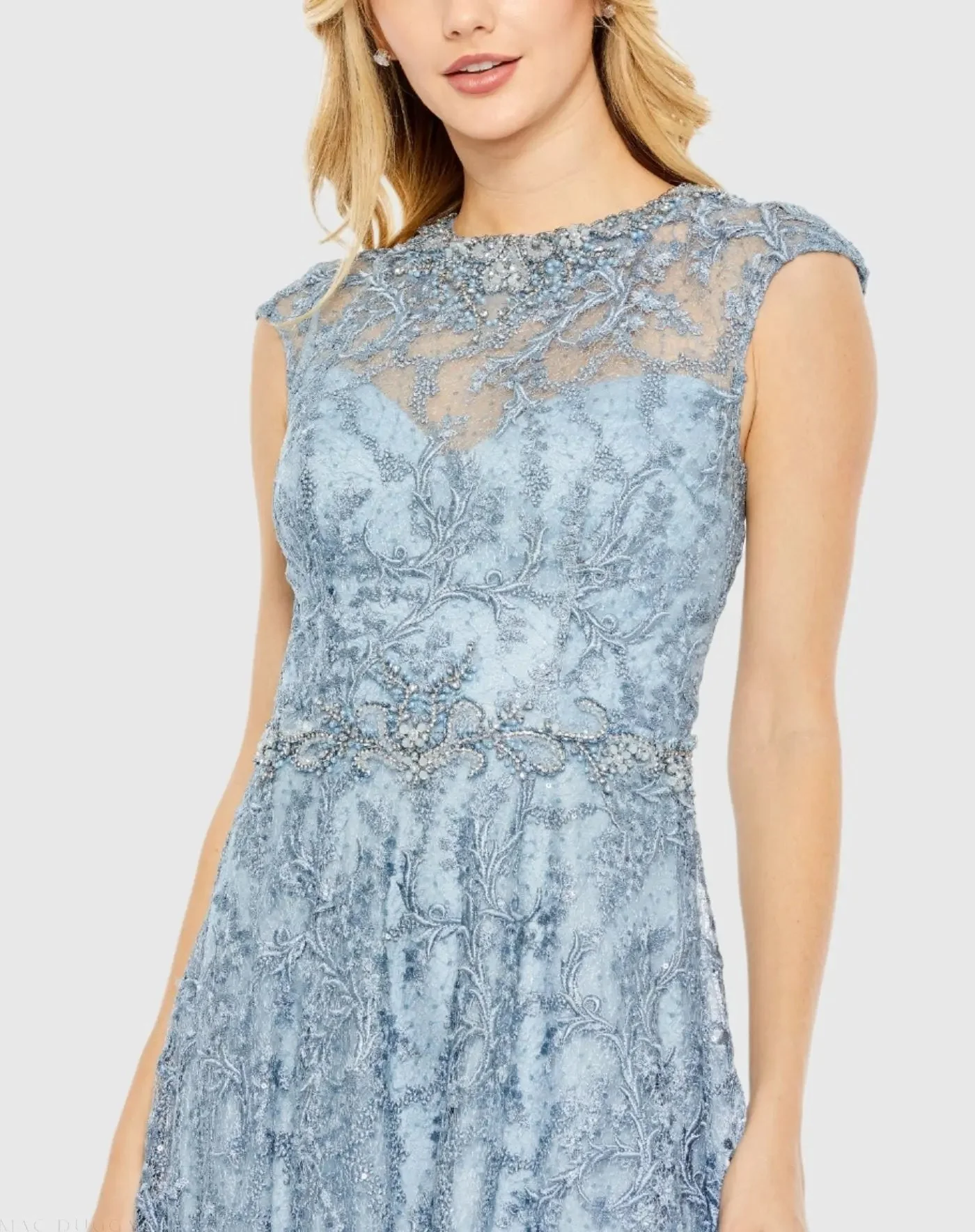 Blue Embroidered Cap Sleeve A Line Gown