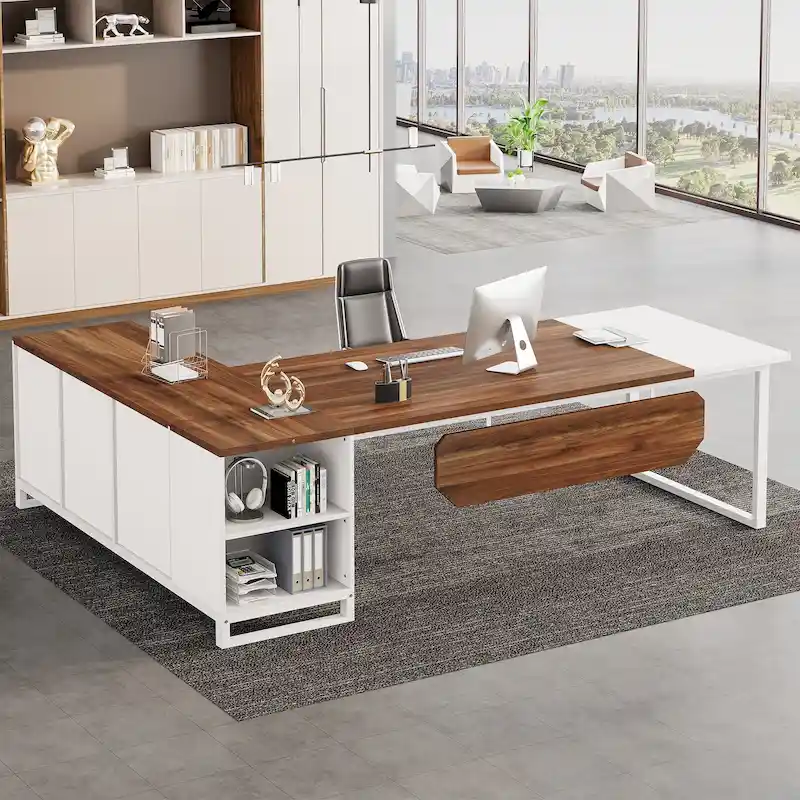 L-Shaped Executive Desk with File Cabinet - Modern Office Desk