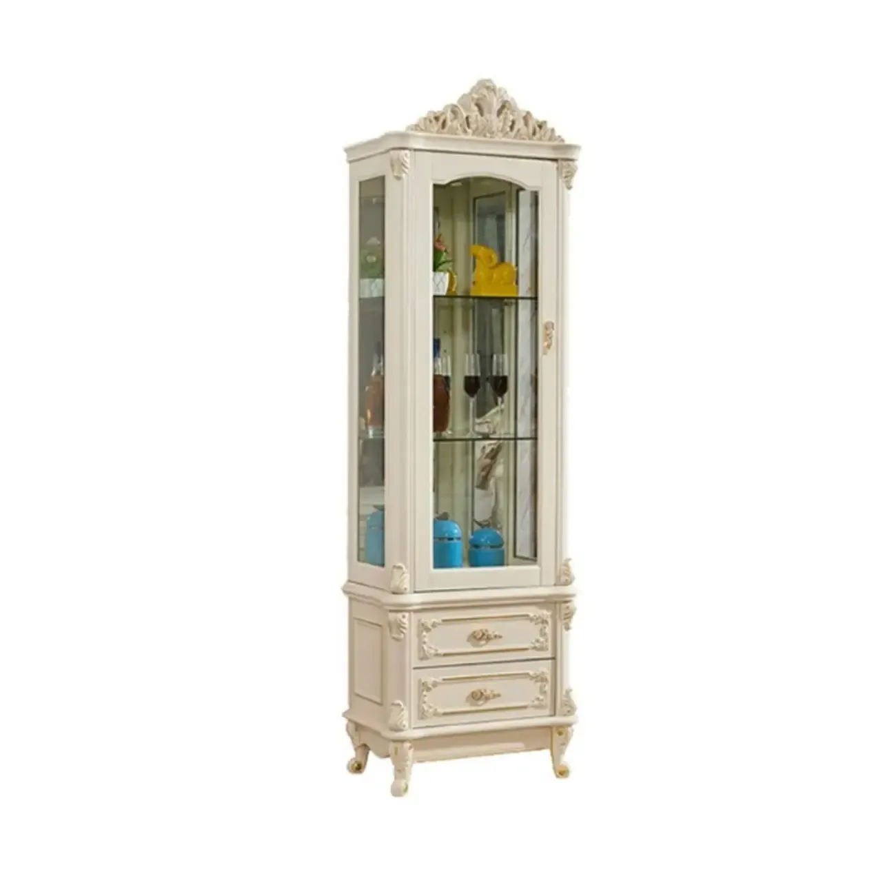 Glam White Wooden Glass Curio Cabinet with Drawers