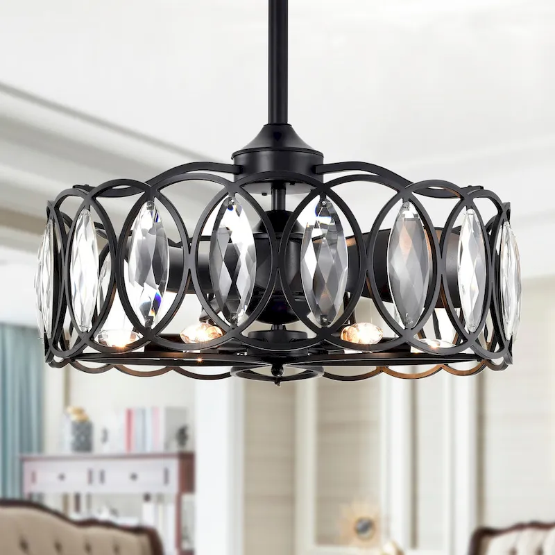 Dakanda 24 Inch Matte Black finish 6 Light, 3 Blade Crystal Ceiling Fandelier with Remote