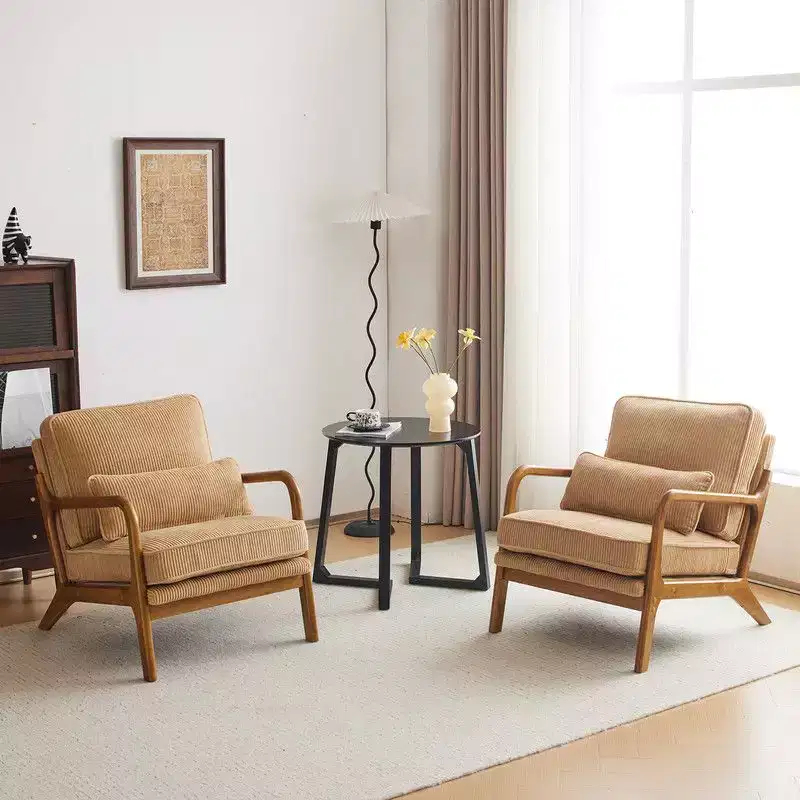 Karl Home 2Pcs Mid Century Solid Wood Accent Chair Upholstered Armchair with an Extra Pillow