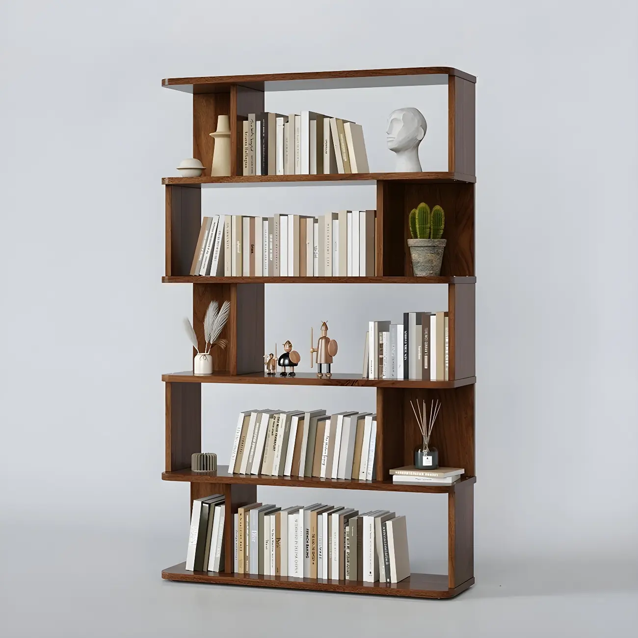 Tall Modern Walnut Open Back 6-Shelf Wood Bookcase