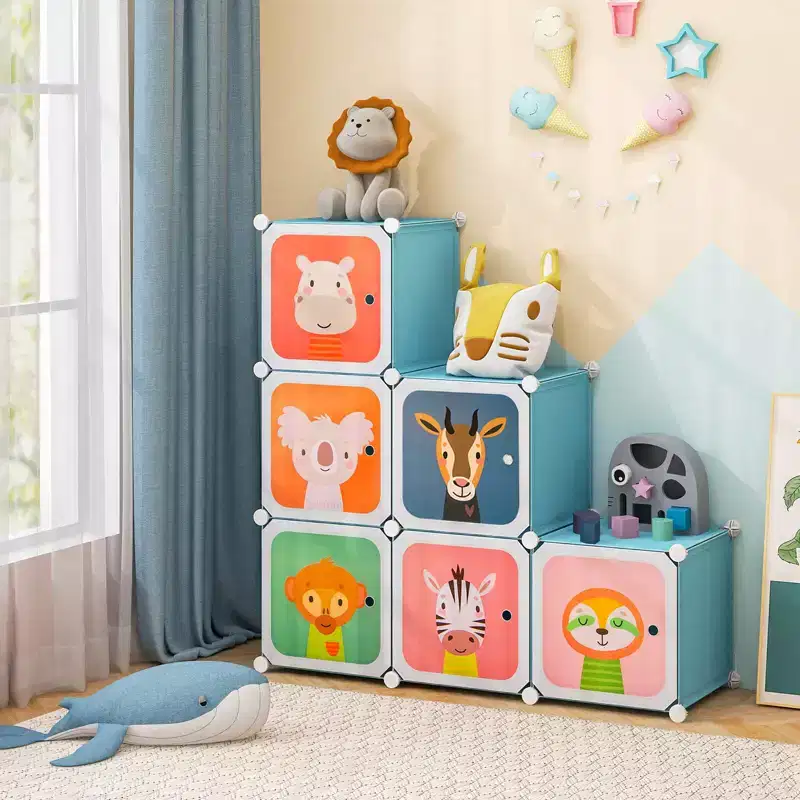 Costway 8-Cube Kids Wardrobe Baby Dresser Bedroom Armoire Clothes Hanging Closet with Doors Blue/Pink/White