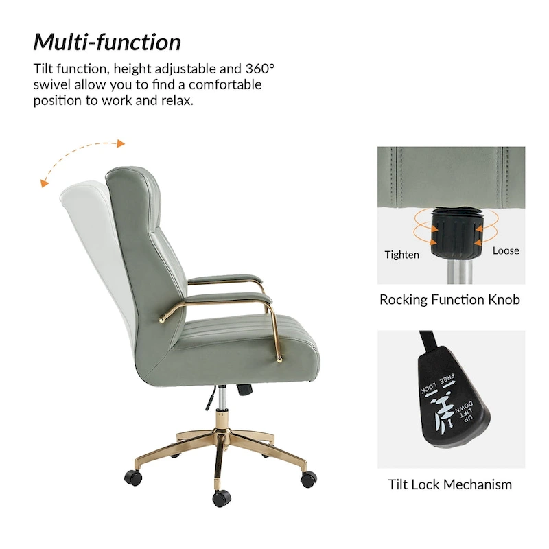 Curtiz Mid-Century Modern Vegan Leather Swivel Tilting Office Chair with Channel Tufted and Metal Feet by HULALA HOME