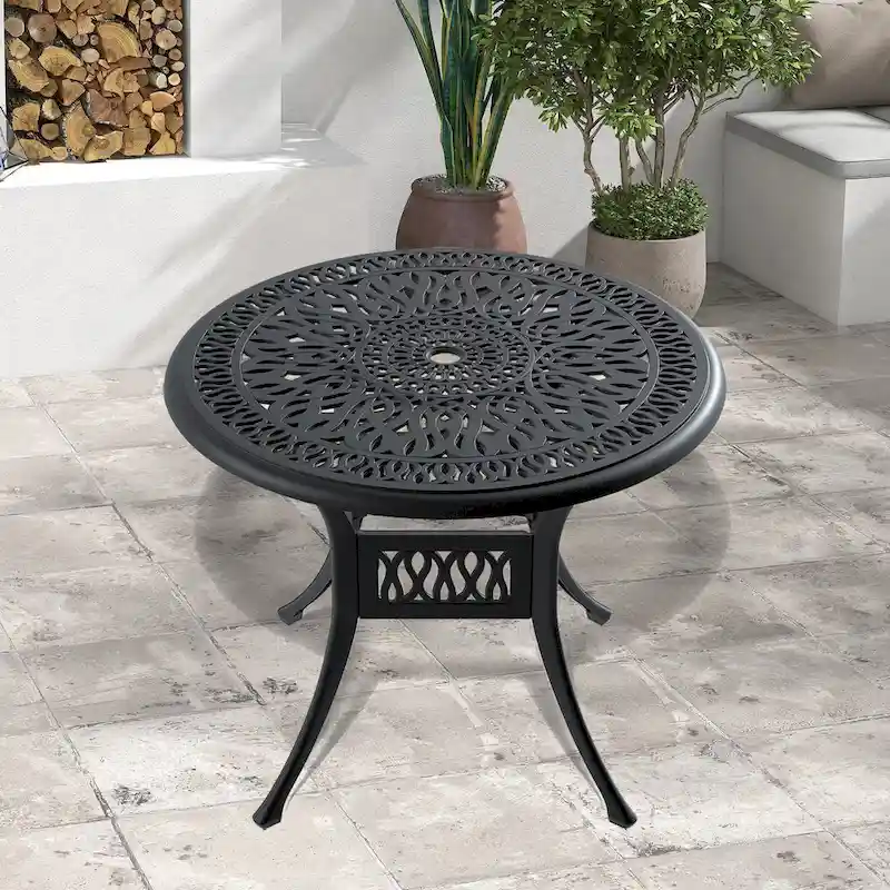 Cast Aluminum Patio Dining Table, 35.43-inch Outdoor Round Table, with 1.88 Umbrella Hole
