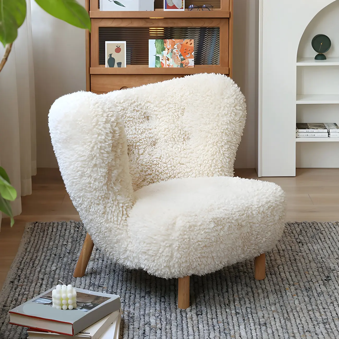 Mid-Century Modern Flannel Accent Chair in Off-White