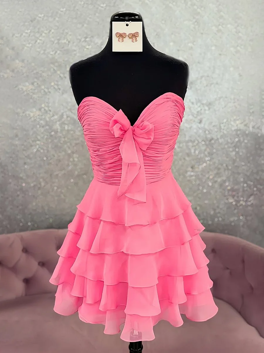 Pink - A Line Tulle Ruffles Sweetheart Short Homecoming Dresses with Bow