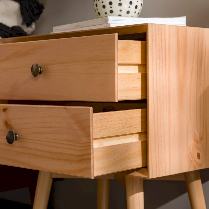 Mid-Century Solid Wood 2-Drawer Nightstand