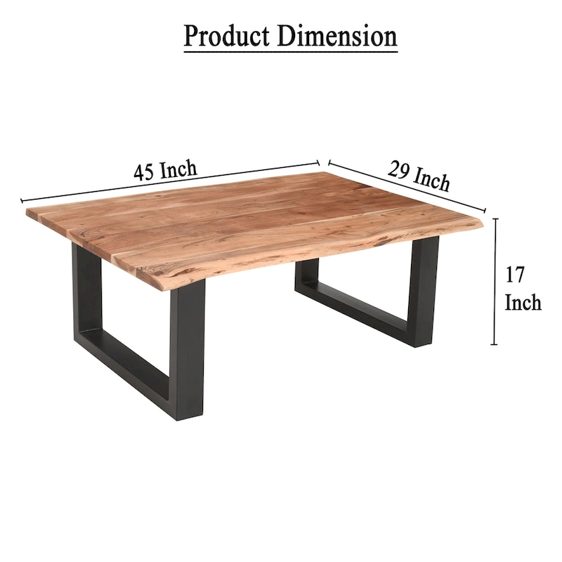 45 Inch Acacia Farmhouse Coffee Table, Live Edges, Metal Sled Base, Brown and Black