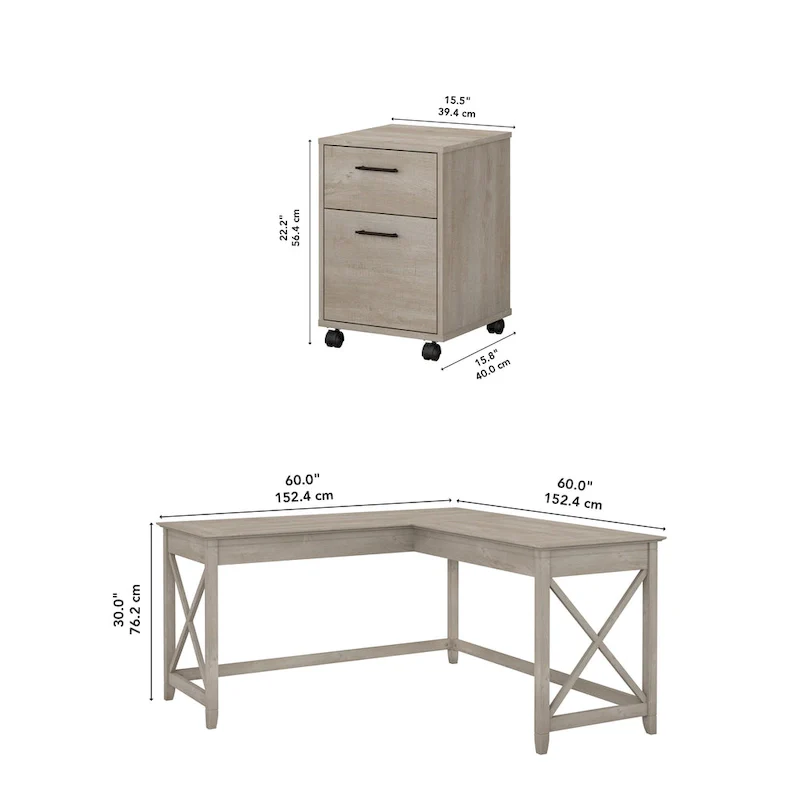 60W L Desk with 2 Drawer File Cabinet