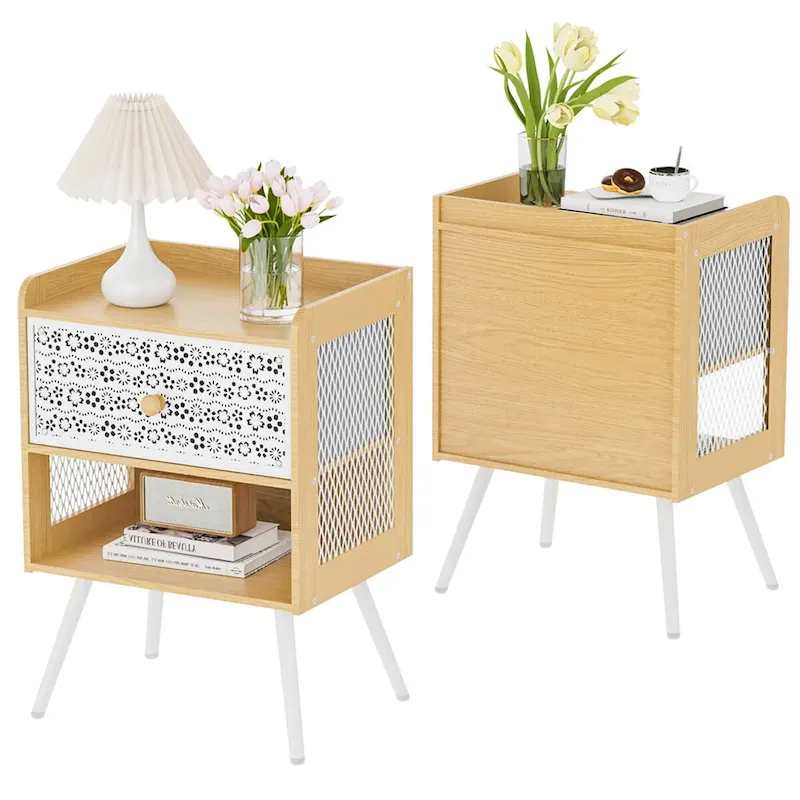 Wooden Bedside Table With Metal Legs Nightstand Set Of 2