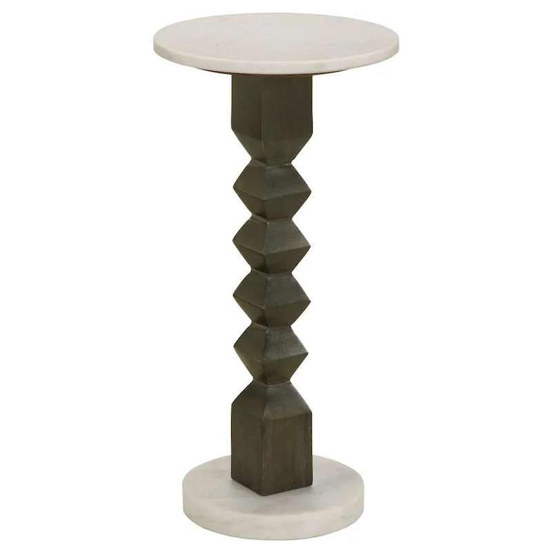 Drink Side Table, 11 Inch Round Marble, Spindle Pedestal Base, White, Gray