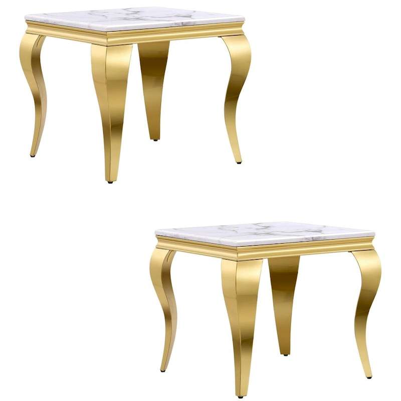 White and Gold End Table Side Table with Polished Gold Cabriole Legs