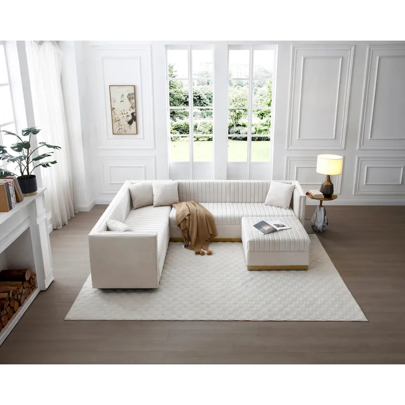 Beige Velvet Tufted L-Shaped Sectional Sofa with Ottoman and 4 Pillows