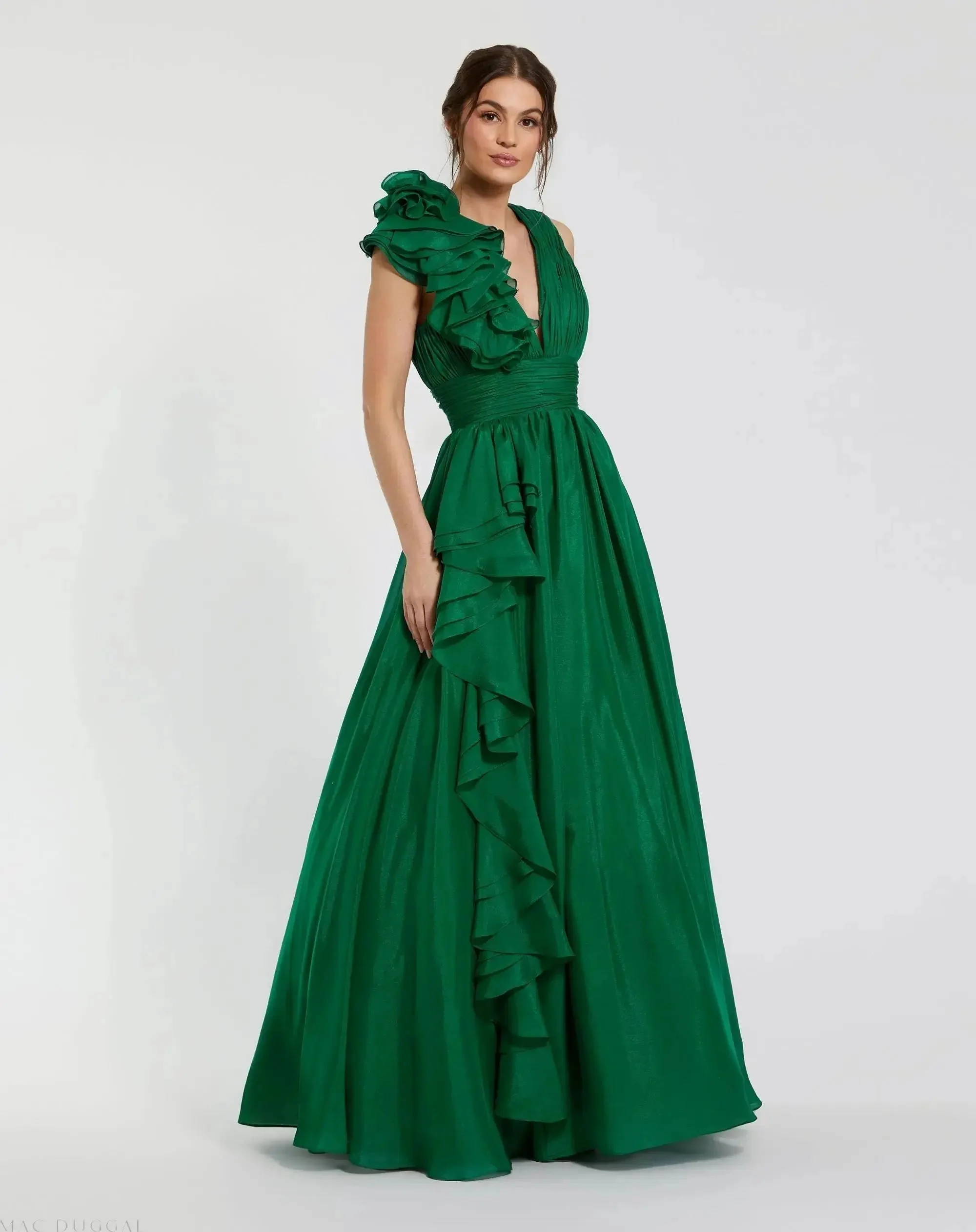 Emerald Green Ruffle Shoulder V-Neck Chiffon Gown