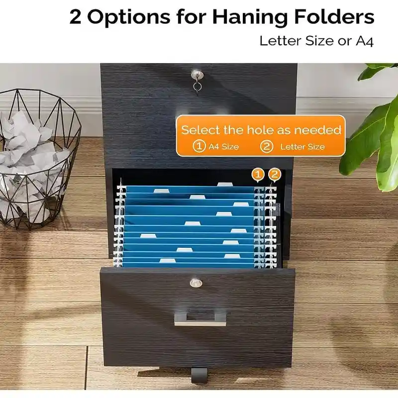 2-Drawer Rolling Wood File Cabinet with Lock