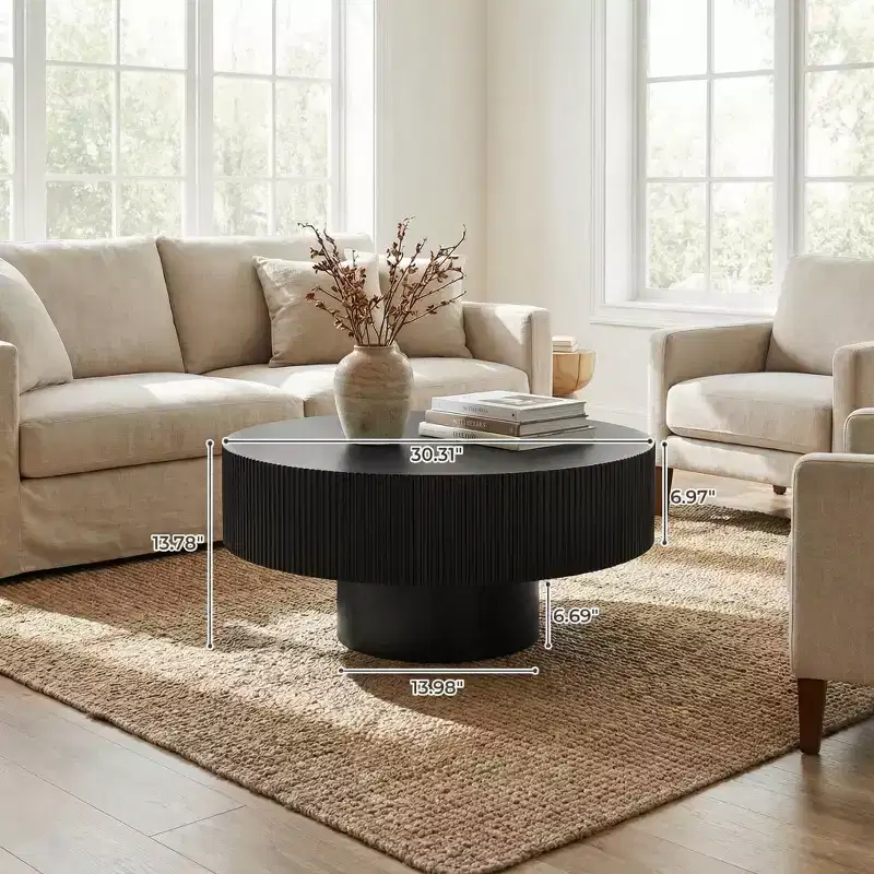 JVNOXK Round Coffee Table, Fluted Coffee Table with Sturdy Pedestal, Mid Century Modern Coffee Table for Living Room, Bedroom, Terrace, Office