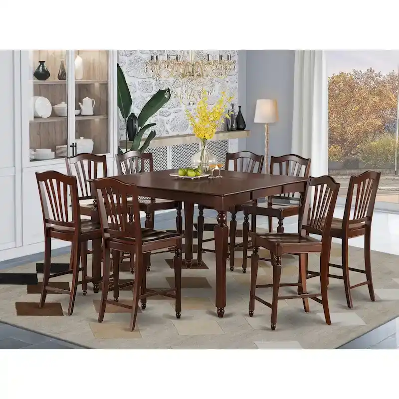 Mahogany Square Dining Table Set with Butterfly Leaf, Slatted Back Chairs – Seats 6