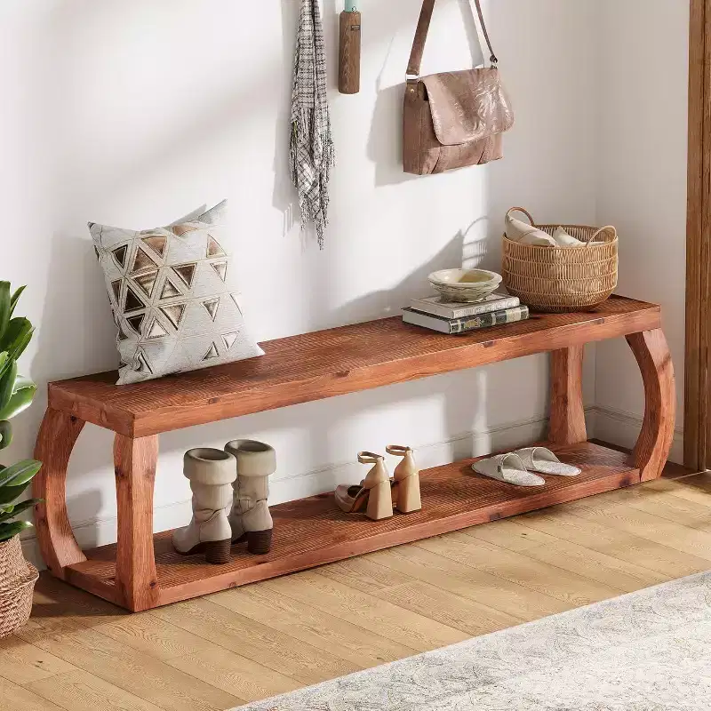 Lantine 59-Inch 2-Tier Solid Wood Entryway Bench, Farmhouse Shoe Storage Bench for Bedroom, Kitchen, Hallway, Rustic Brown