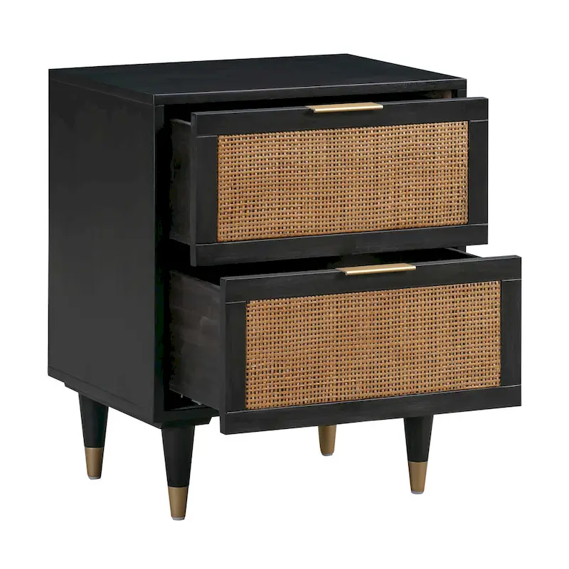 Cane Nightstand with 2 Soft-Close Drawers and Brass Details