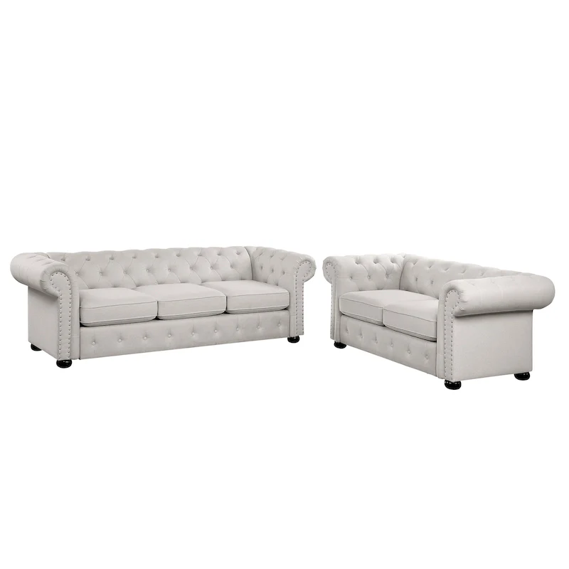 2-Piece Tufted Rolled Arm Chesterfield Sofa & Loveseat Set – Beige/Grey/Dark Grey