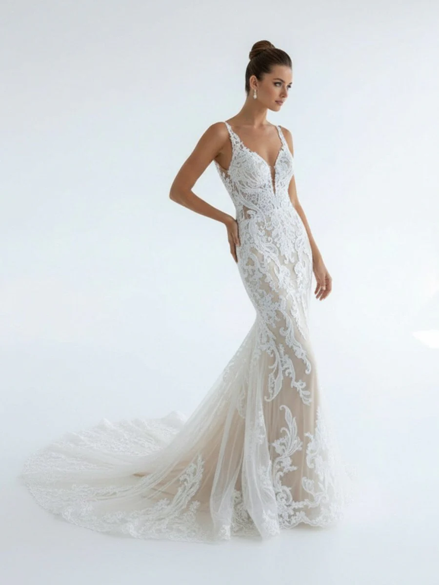 Mermaid V Neck Tulle Lace Wedding Dresses with Train