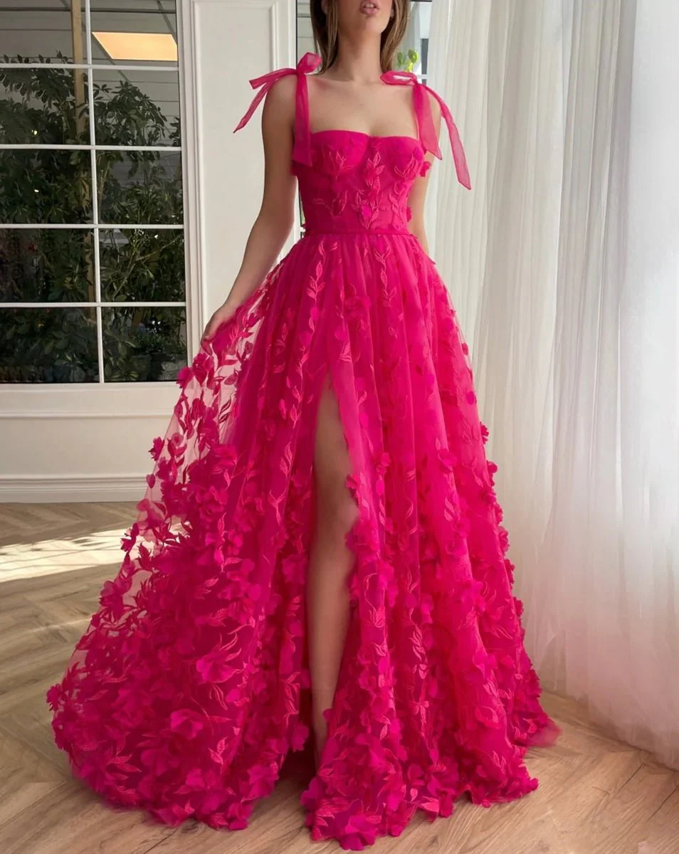 Fuchsia - Elegant A-line 3D Flower Tulle Prom Dress With Slit
