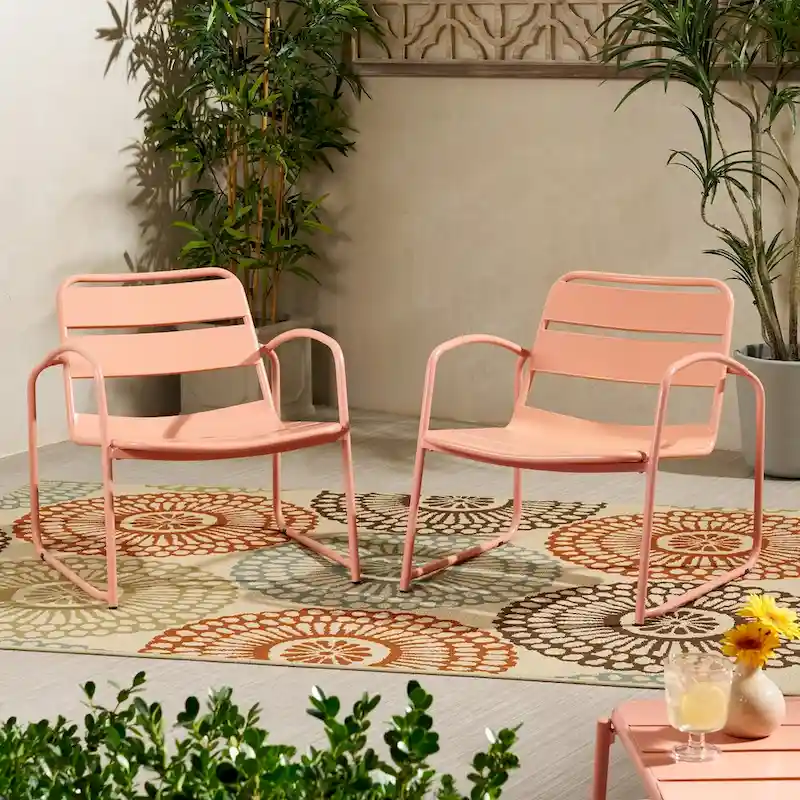 Set of 2 Modern Pink Metal Outdoor Patio Chairs, Weather Resistant and Water Resistant