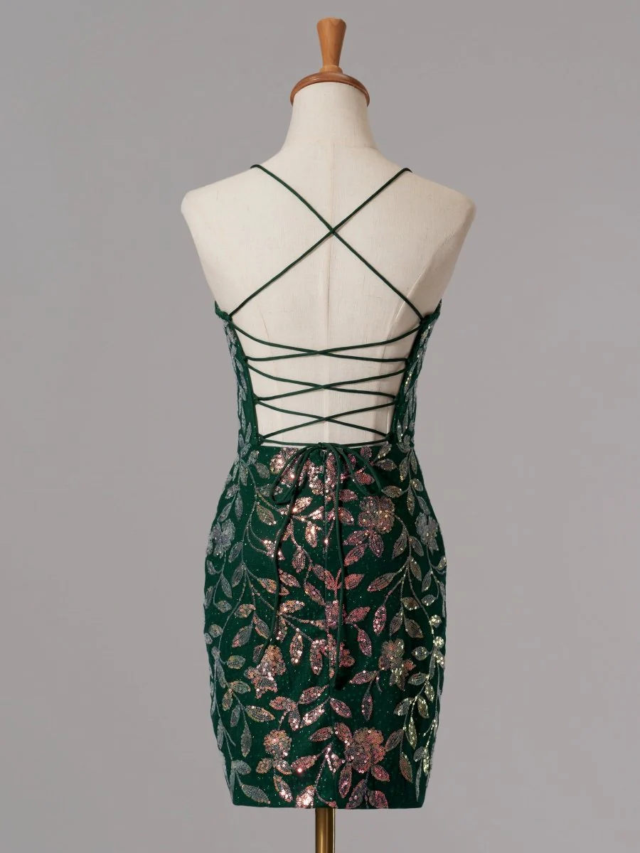 Green - Bodycon V Neck Sequined Homecoming Dresses