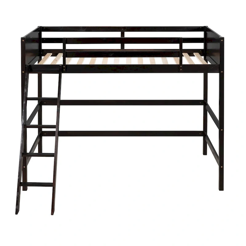 Espresso Twin Solid Wood Loft Bed with Ladder & Fence
