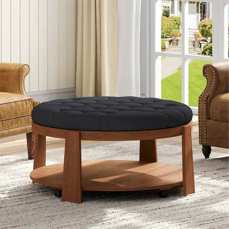 36 Round Button Tufted Upholstered Coffee Table with Wood Shelf and Wheel